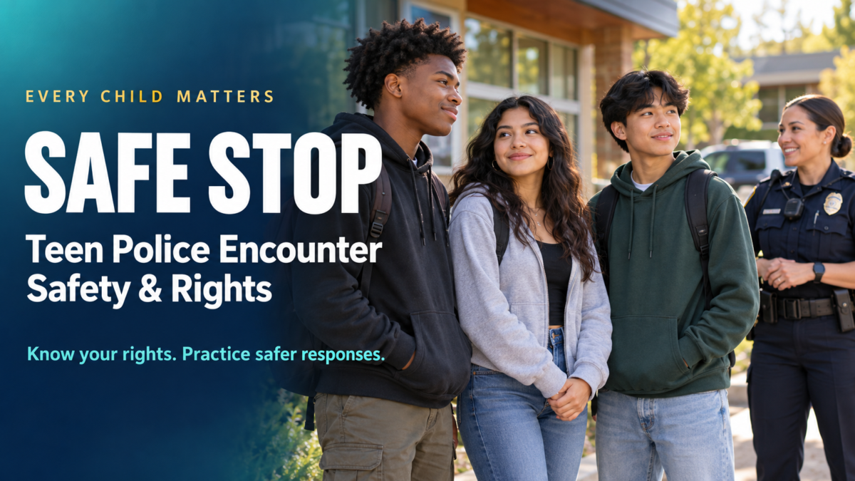 Safe Stop: Teen Police Encounter Safety and Rights. Diverse teens with a police officer at a community center.